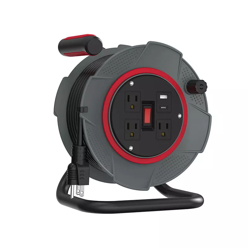 45ft Usb ပလပ်စတစ်ကြိုး Reel 3 ပေါက်